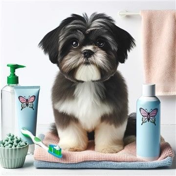 Shih Tzu with Dental Care Items
