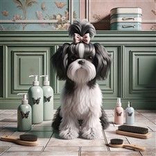 Shih Tzu with Grooming Supplies, illustrated