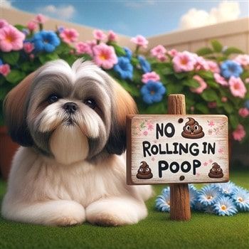 Shih Tzu with Sign No Rolling in Poop 