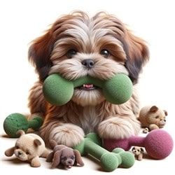 Shih Tzu surrounded by dog supplies