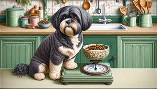 Shih Tzu with food scale checking calories main image