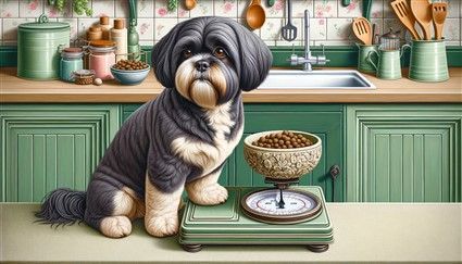 Shih Tzu with food scale checking calories main image