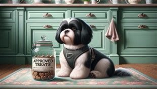 Shih tzu with approved treats, illustrated 