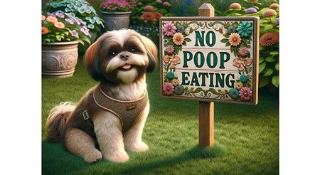 A Shih Tzu near sign that says No Eating Poop