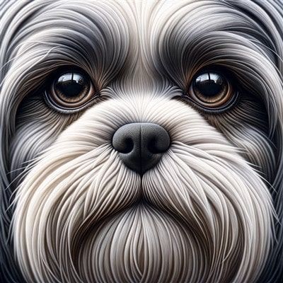 Close up of Shih Tzu eyes, dog is gray and cream