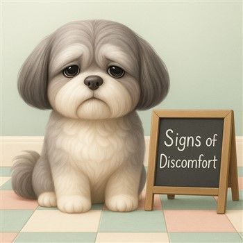 Shih Tzu dog sitting next to sign that says Signs of Discomfort