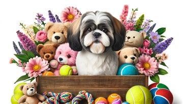 Shih Tzu with clean toys and flowers