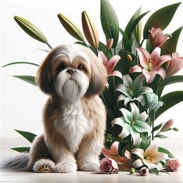 Shih Tzu with lily plant