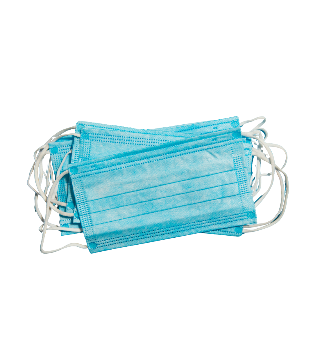 A stack of blue face masks on a white background.