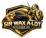 A black sports car and a golden knight holding a shield appear on a gold emblem labeled "SIR WAX A-LOT DETAILING INC."