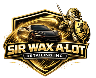 A black sports car and a golden knight holding a shield appear on a gold emblem labeled "SIR WAX A-LOT DETAILING INC."