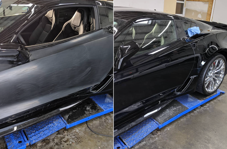 Before and after comparison of a black car showing a dull, matte finish on the left and a shiny, polished finish on the right.