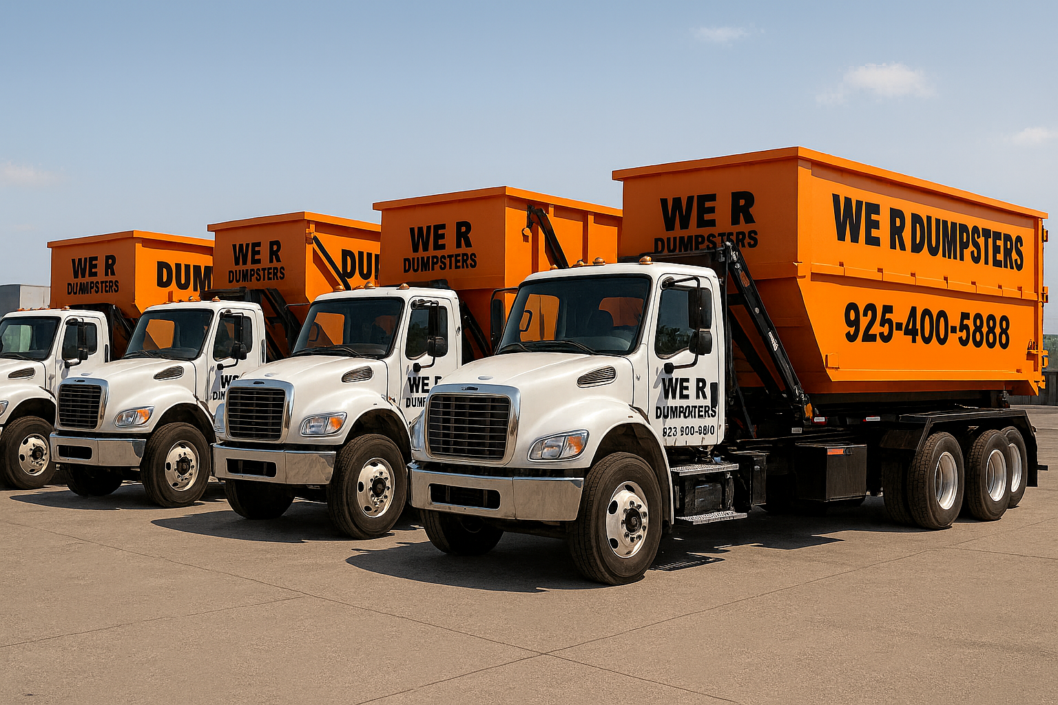 Four white trucks with orange dumpsters, parked in a row. Dumpsters have