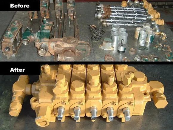 Top: Disassembled Hydraulic Valve Parts. Bottom: Assembled, Yellow-painted Hydraulic Valve — Alloway Hydraulics in Mount Saint John, QLD