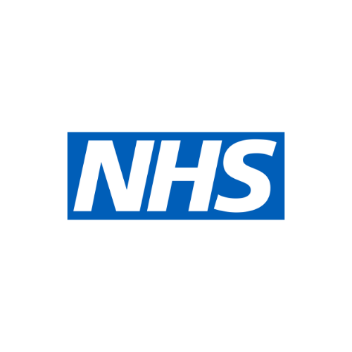 The nhs logo is blue and white on a white background.