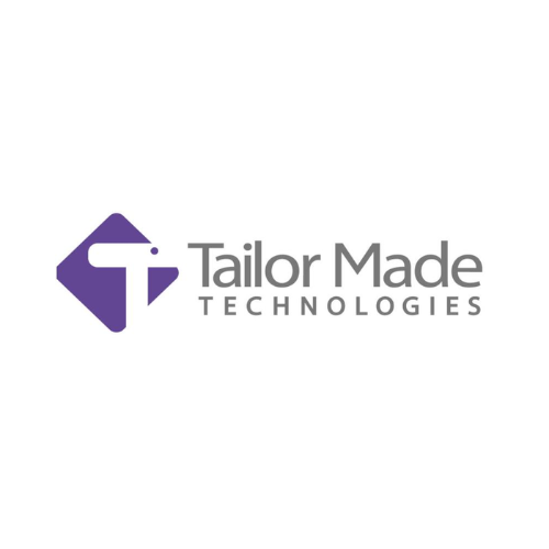 The logo for tailor made technologies is purple and white.