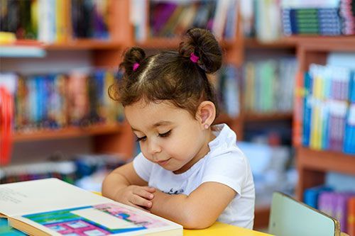 A young girl with pigtails  is sitting in a library and looking down at a book.
