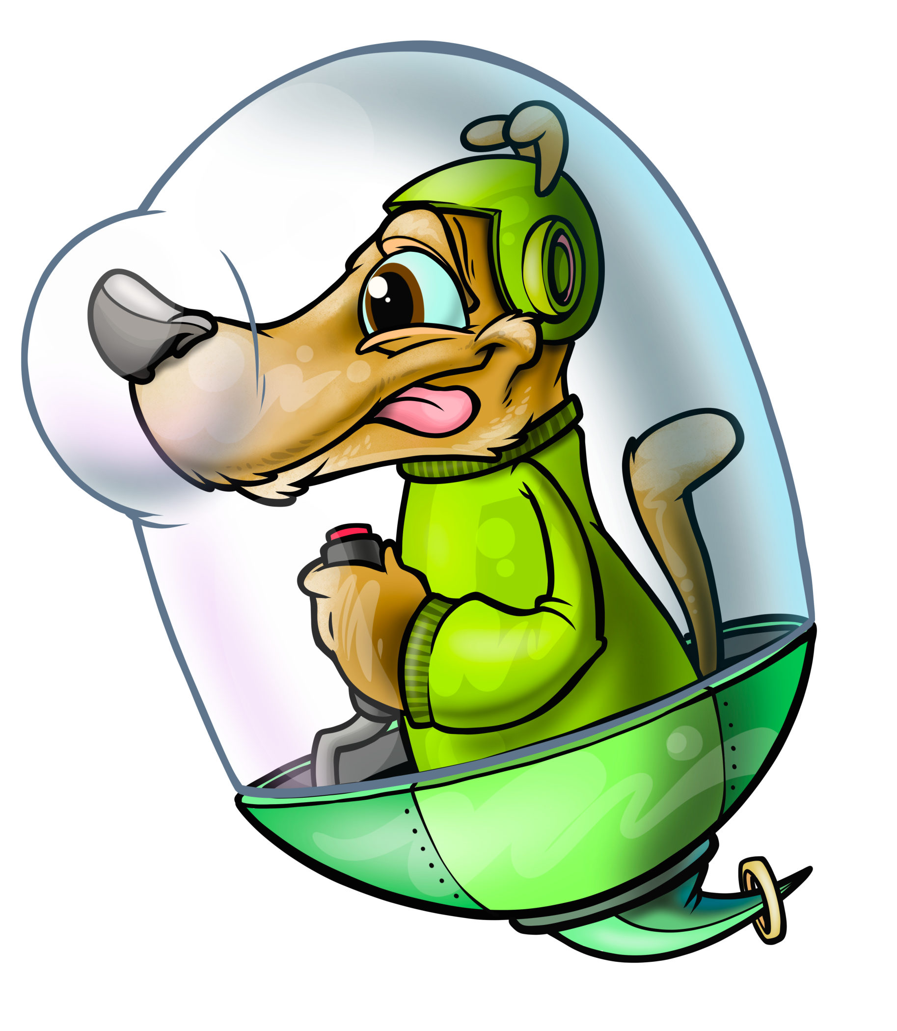 Cartoon dog wearing green space suit inside a bubble shaped cockpit, piloting a rocket ship.