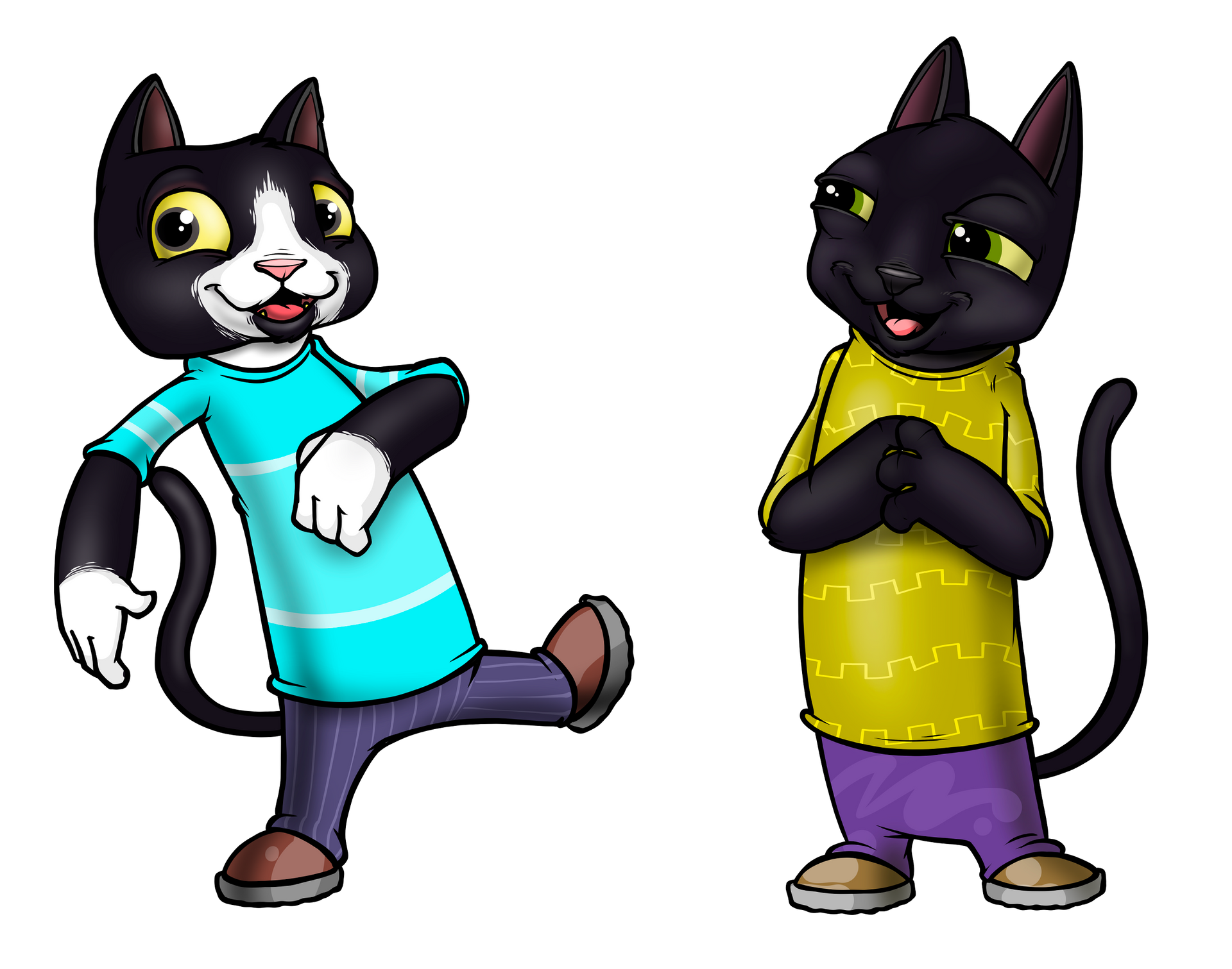 Two cartoon cats in clothes; one black and white, kicking; the other black, hands together, smiling.