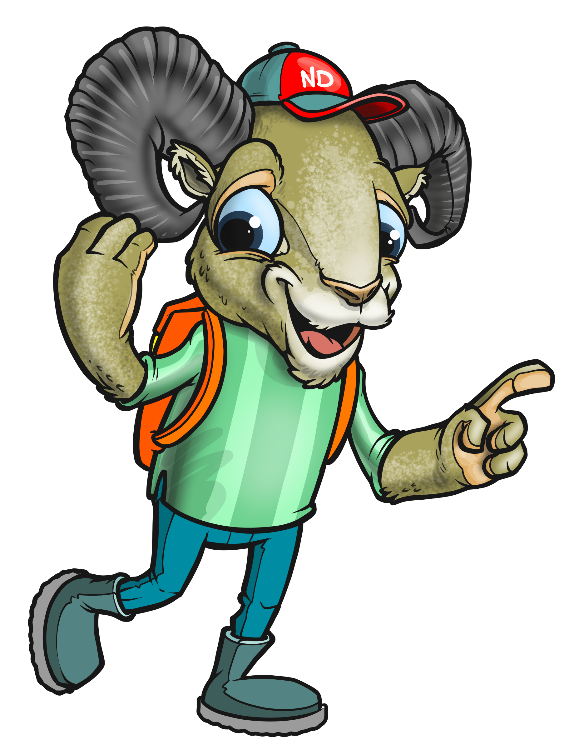 A cartoon mountain goat is smiling, wearing a baseball cap and a backpack.