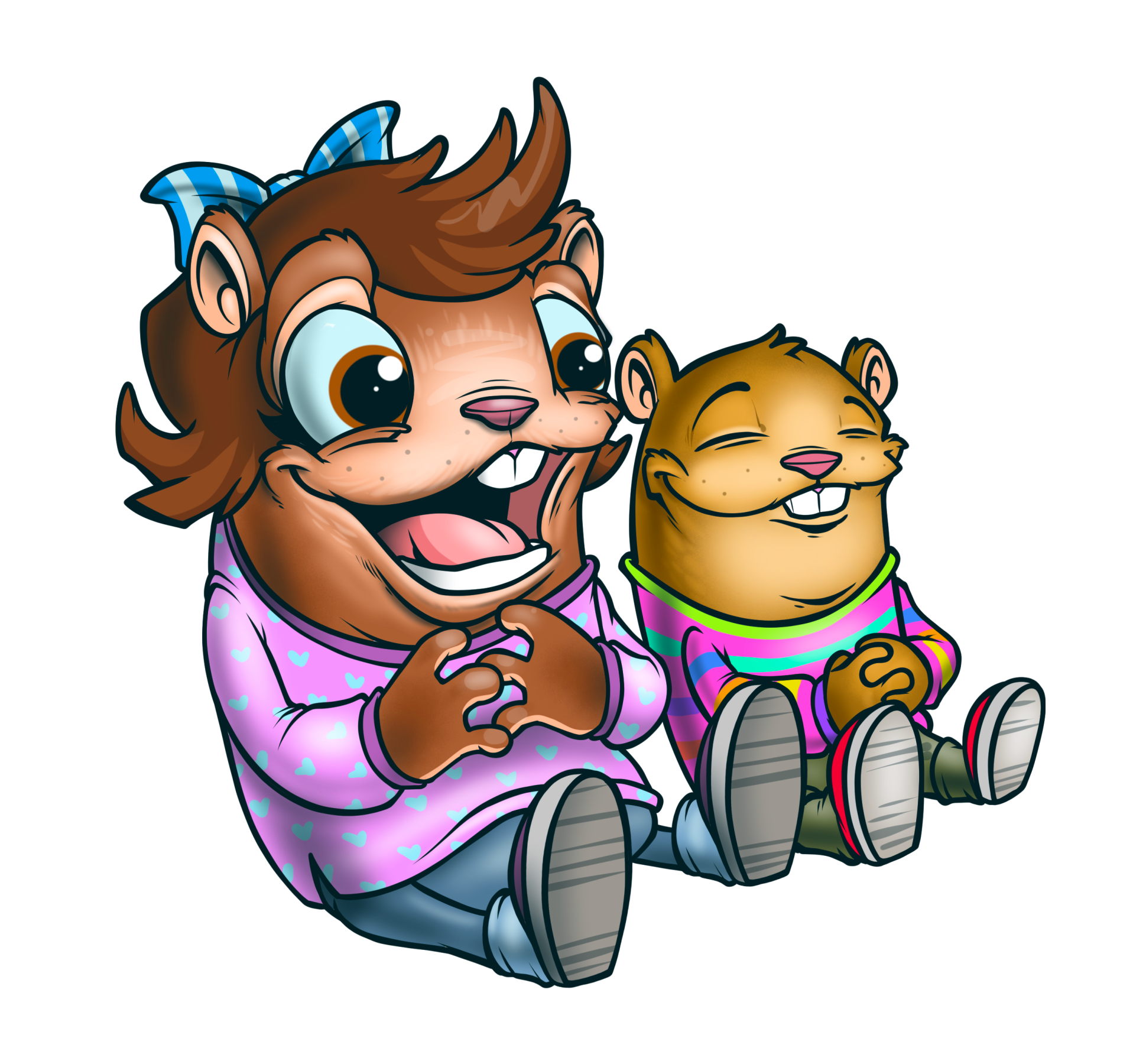 A cartoon mother gopher is smiling and sitting next to a child gopher. They are wearing colorful shirts.