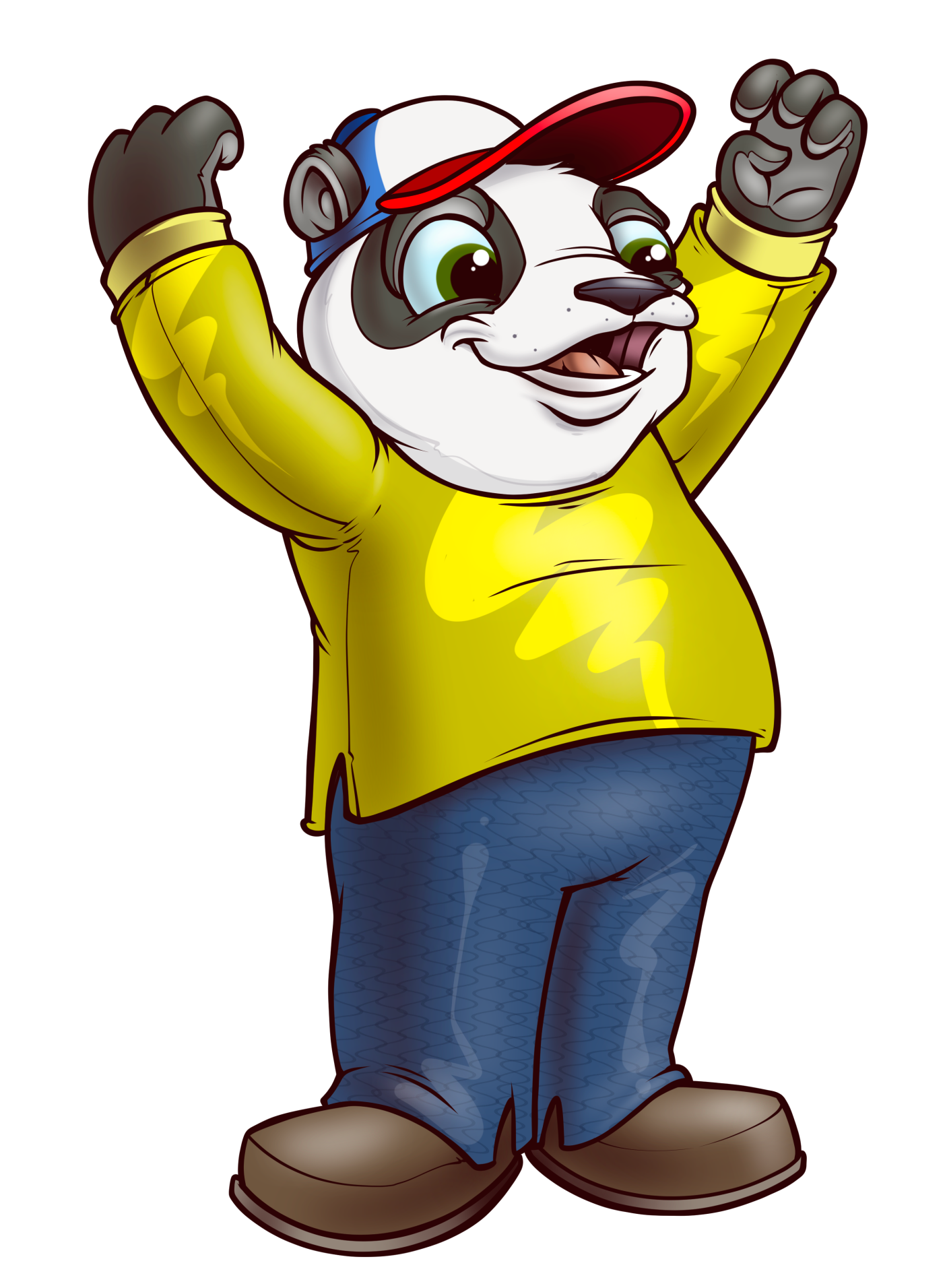 Cartoon of a smiling bear with a baseball cap and arms in the air, wearing a yellow shirt.