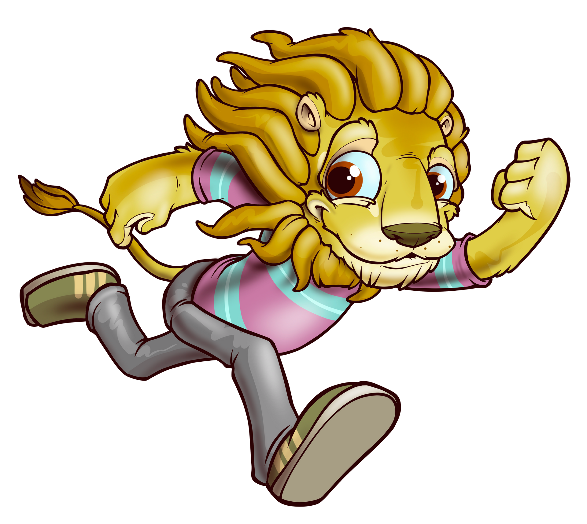 Lion cartoon character running, wearing striped shirt, jeans, and sneakers.