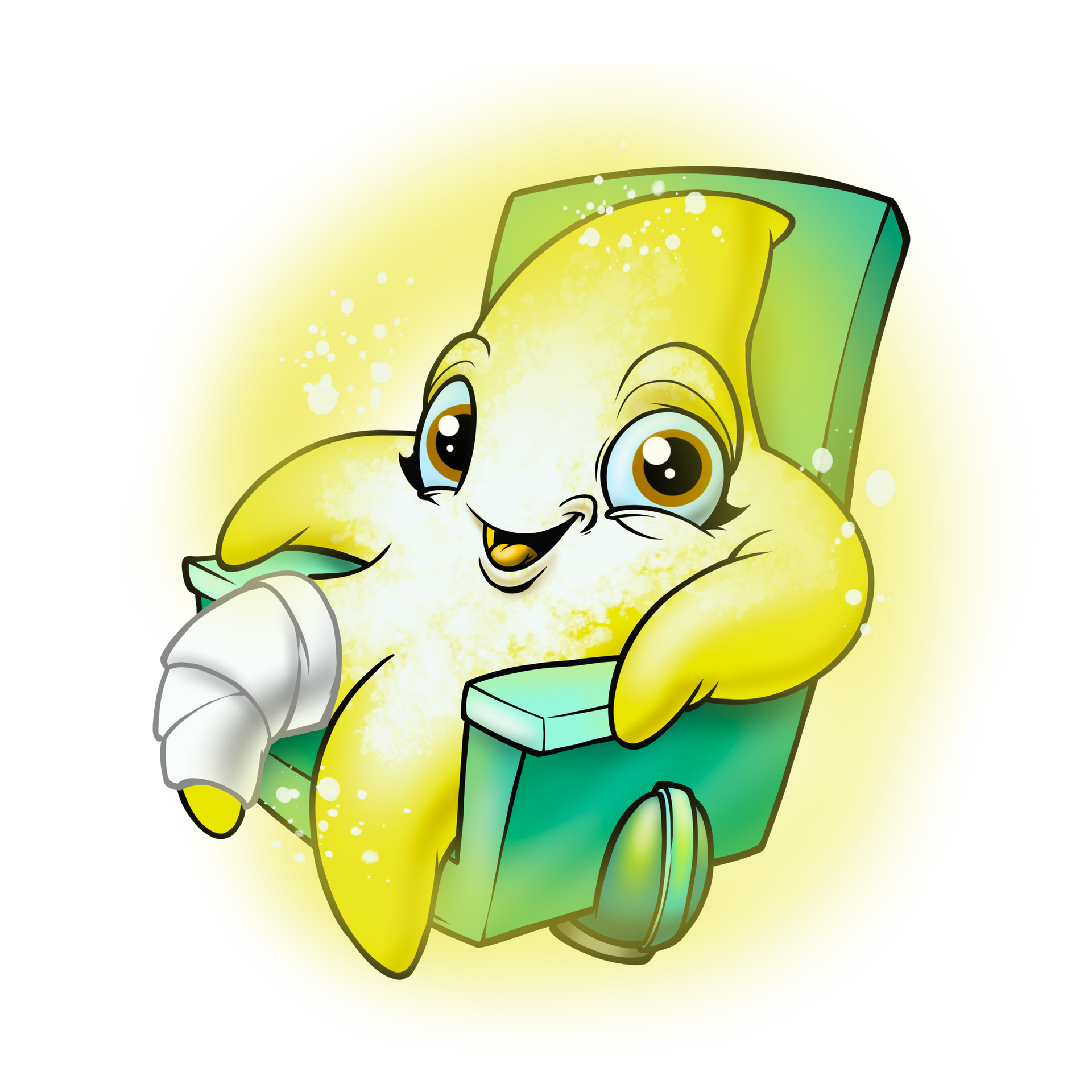 A cartoon star is sitting in a chair, smiling.