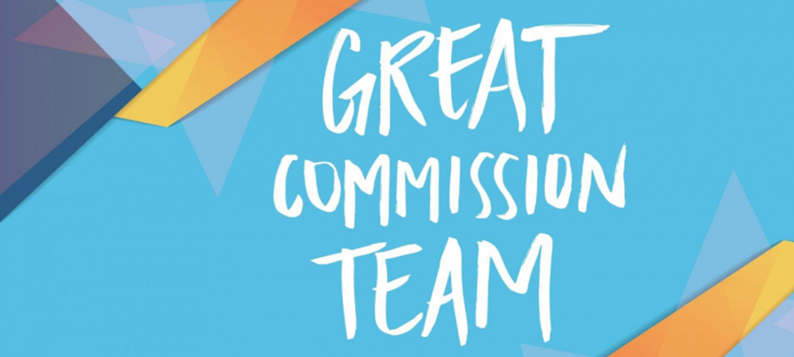 Text: GREAT COMMISSION TEAM, over blue background with abstract shapes in orange and yellow.