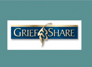 GriefShare logo: blue and gold text, a leaf emblem on a teal background.