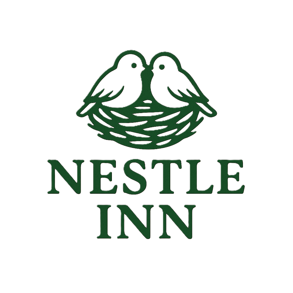 A logo featuring two birds sitting in a nest, with the dark green text "NESTLE INN" written underneath.