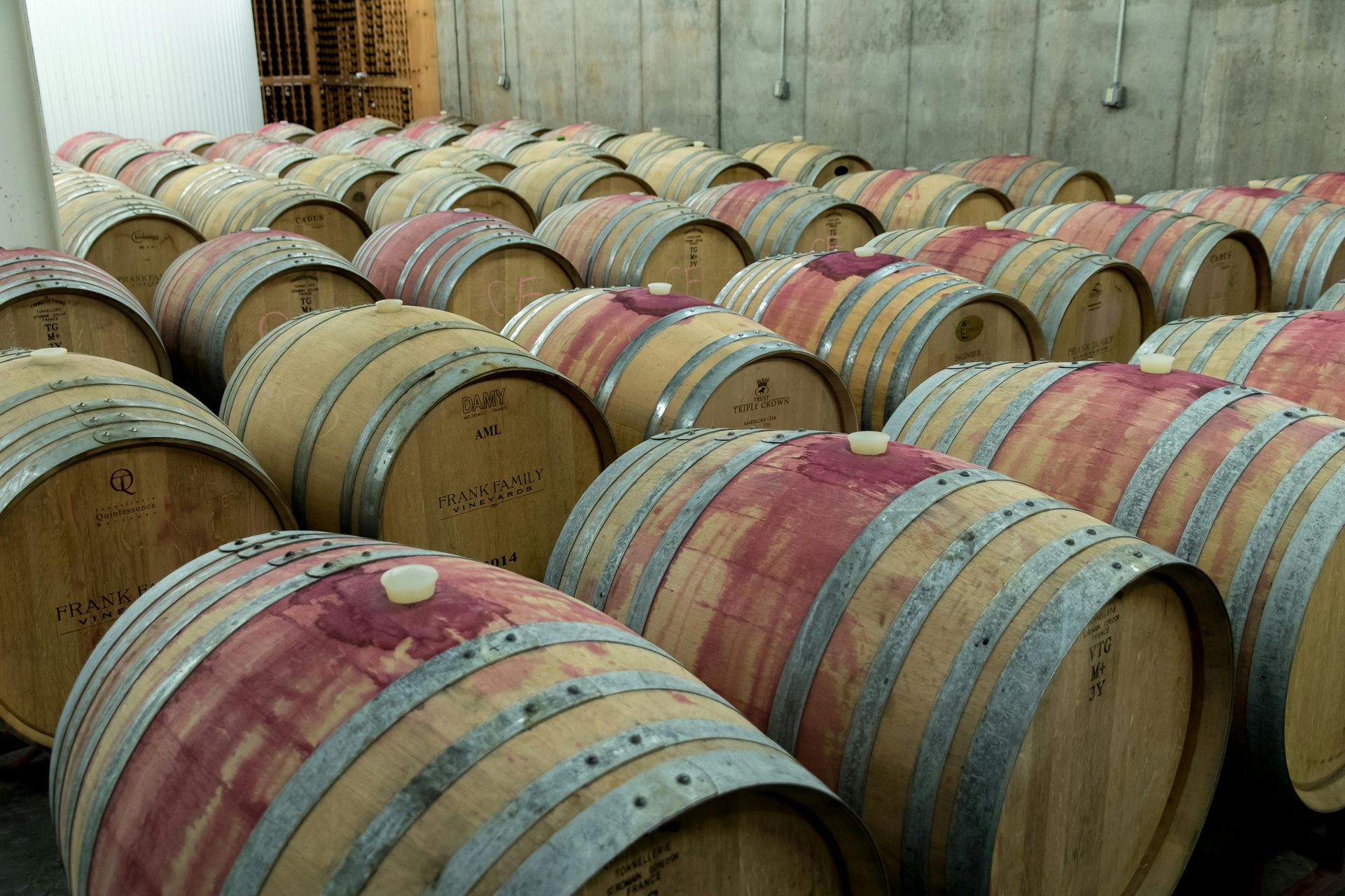 Rows of wooden wine barrels with metal hoops are arranged in a dimly lit cellar for aging.