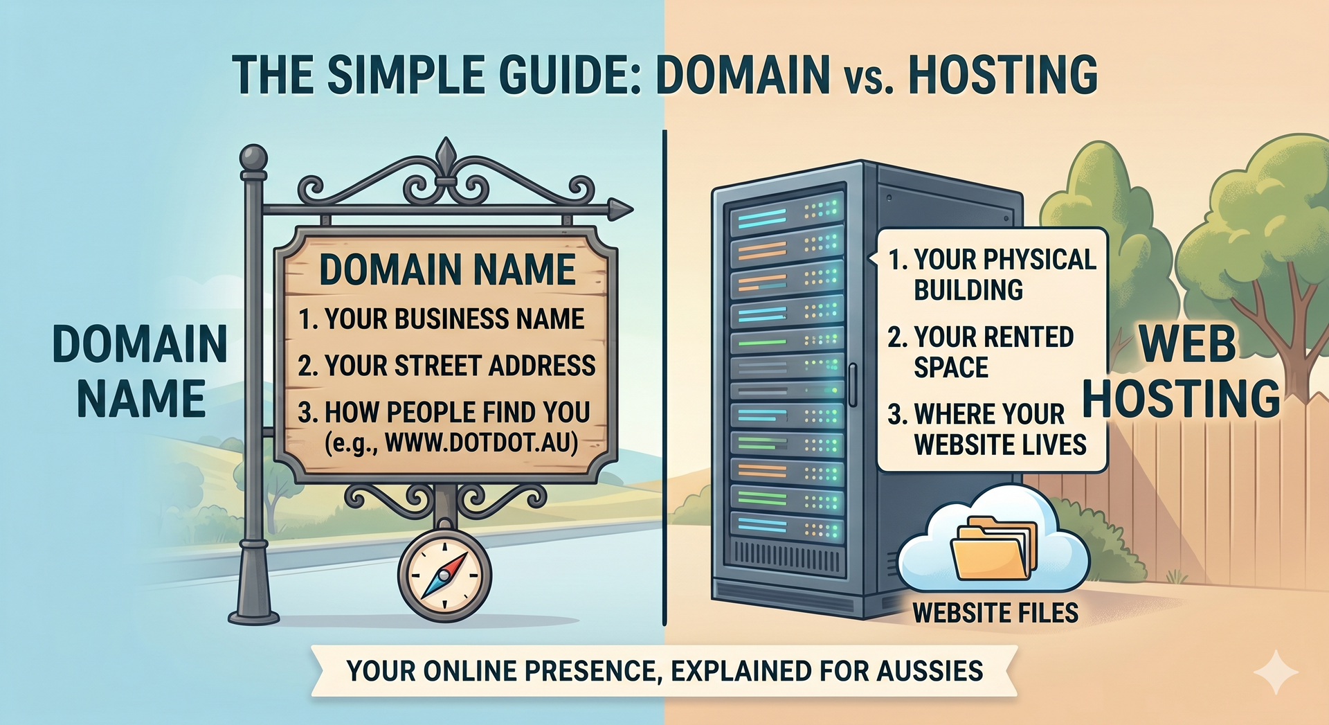domains vs hosting, simple explanation for aussies