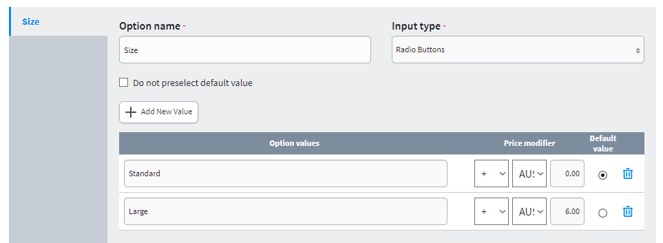 combining sizes in one product