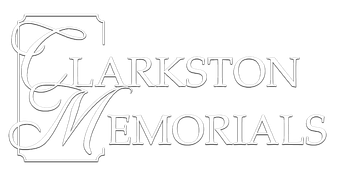 Clarkston Memorials logo with ornate overlapping C and M letters in light gray on white background