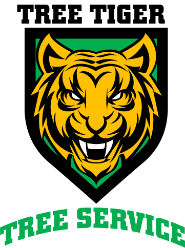 The logo for tree tiger tree service shows a tiger 's head in a shield.