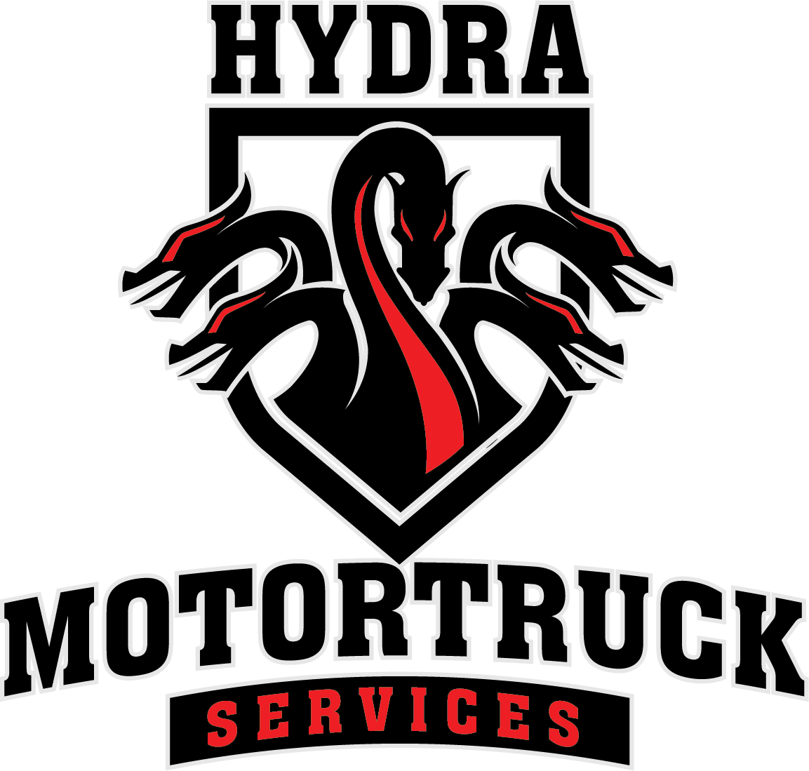 A black and red logo for hydra motor truck services