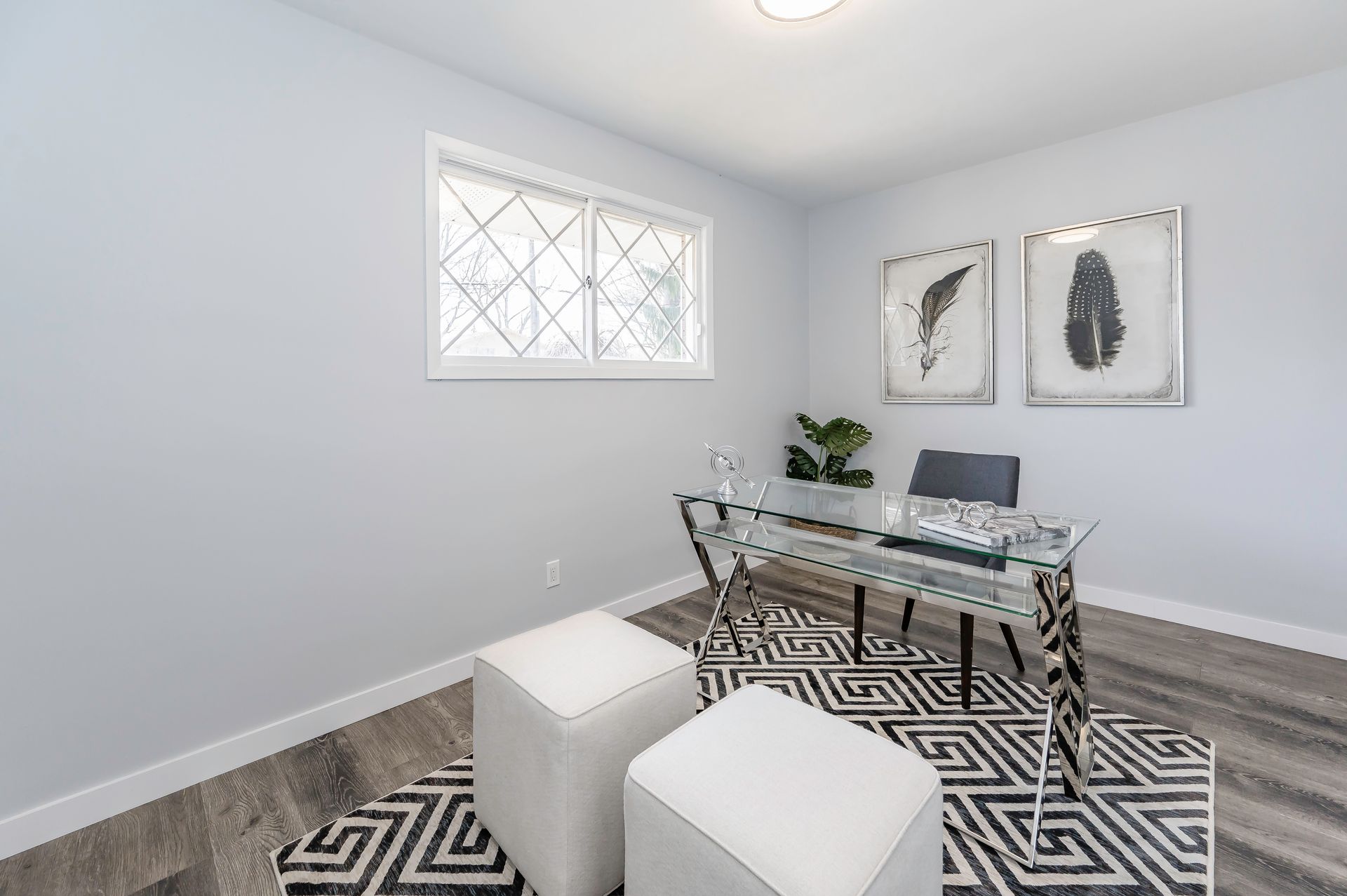 Home office with glass desk, black and white rug, two framed feather art pieces, and a window.