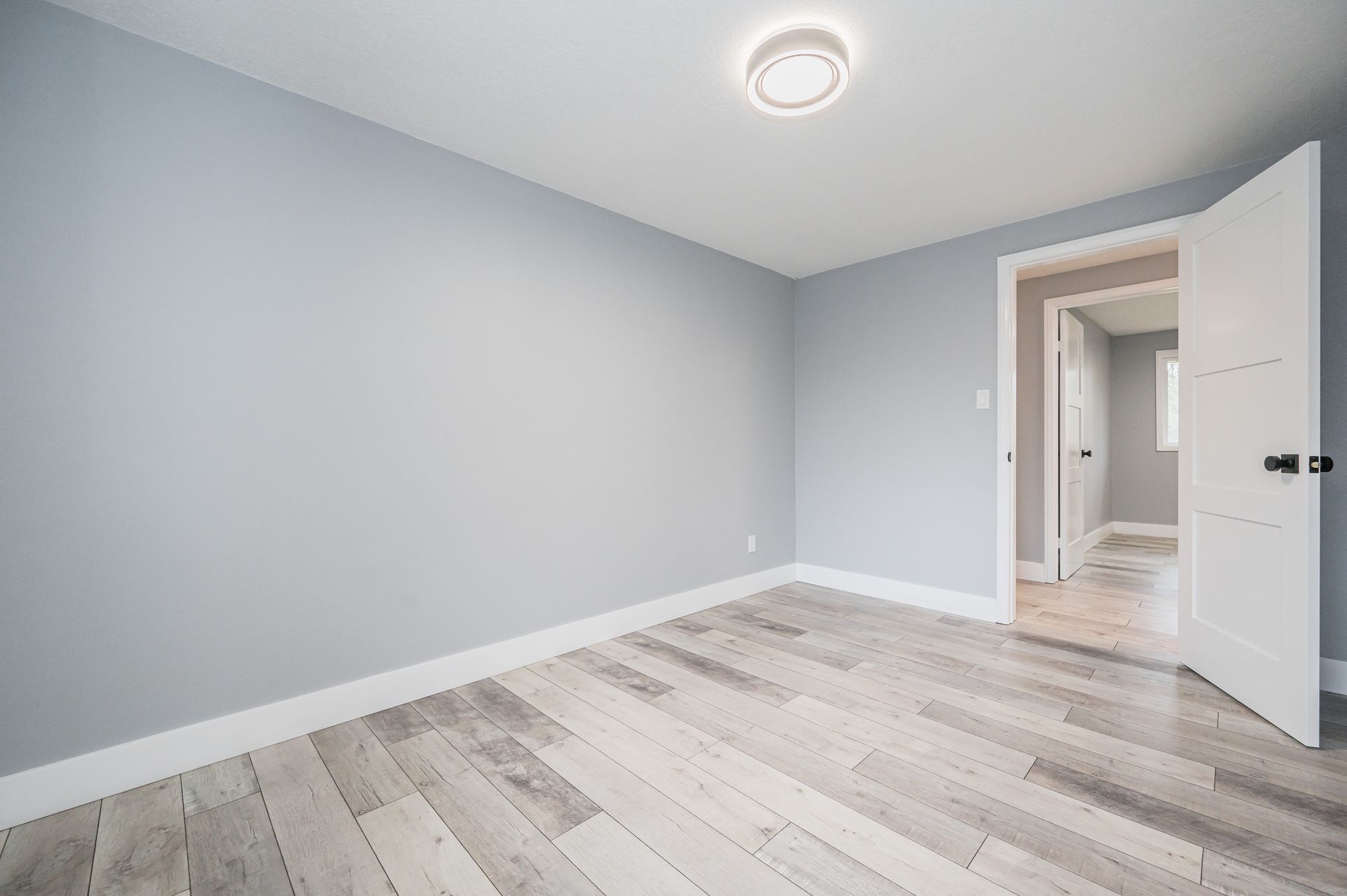 Empty room with light gray walls, white trim, open white door, and light wood flooring.