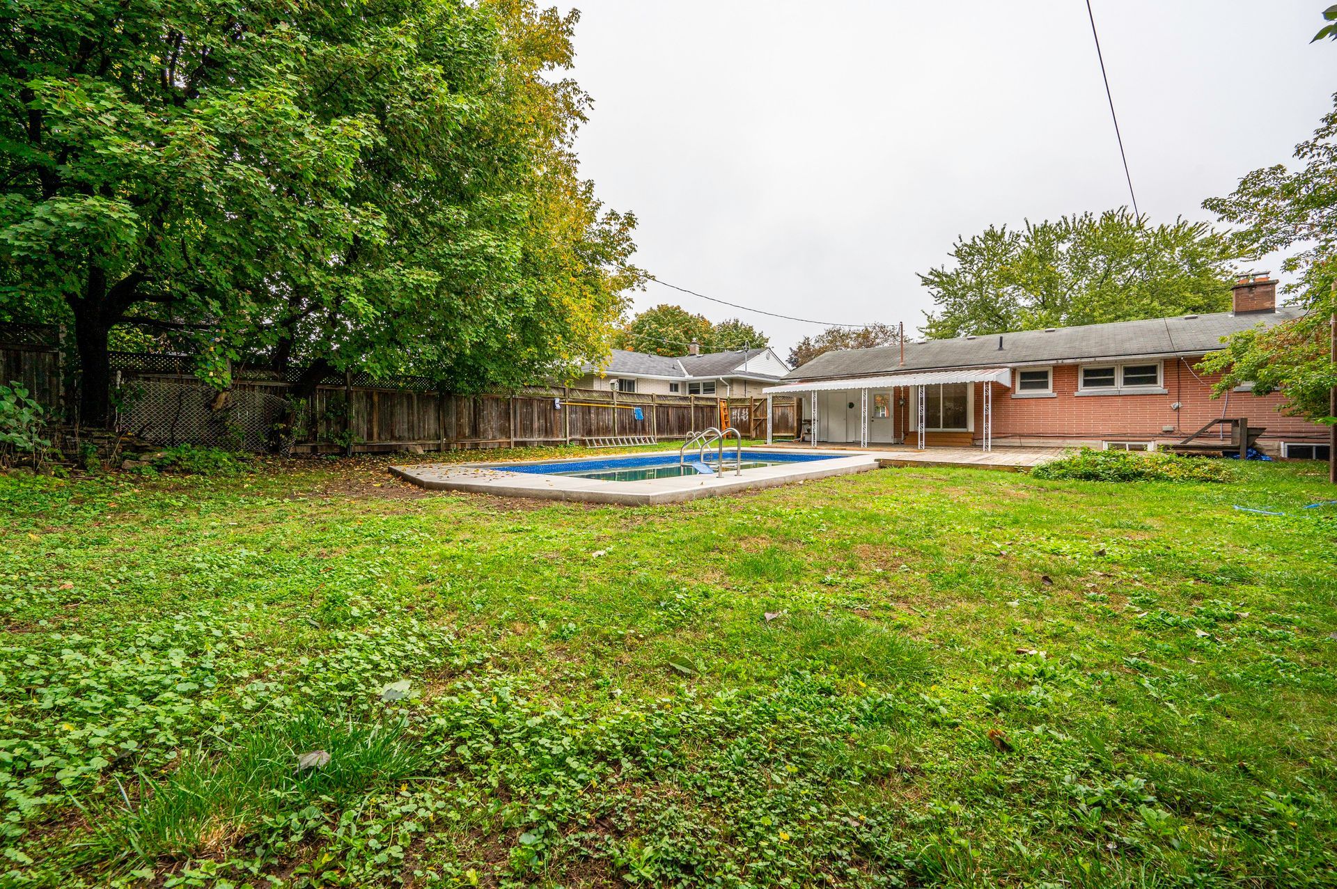 Backyard with overgrown grass, a pool, and a house under an overcast sky.