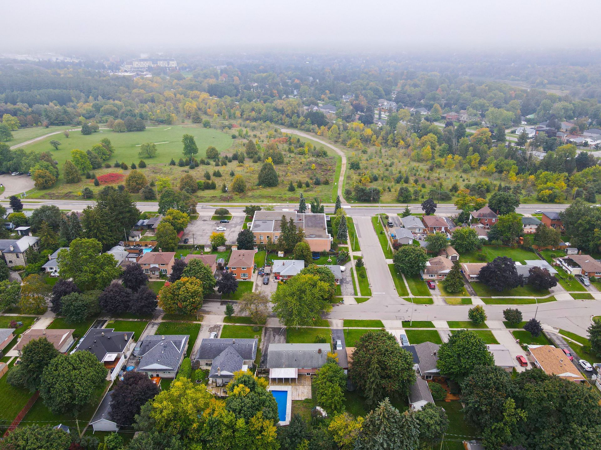 Aerial view of suburban houses and green trees, with a large park in the background under an overcast sky.