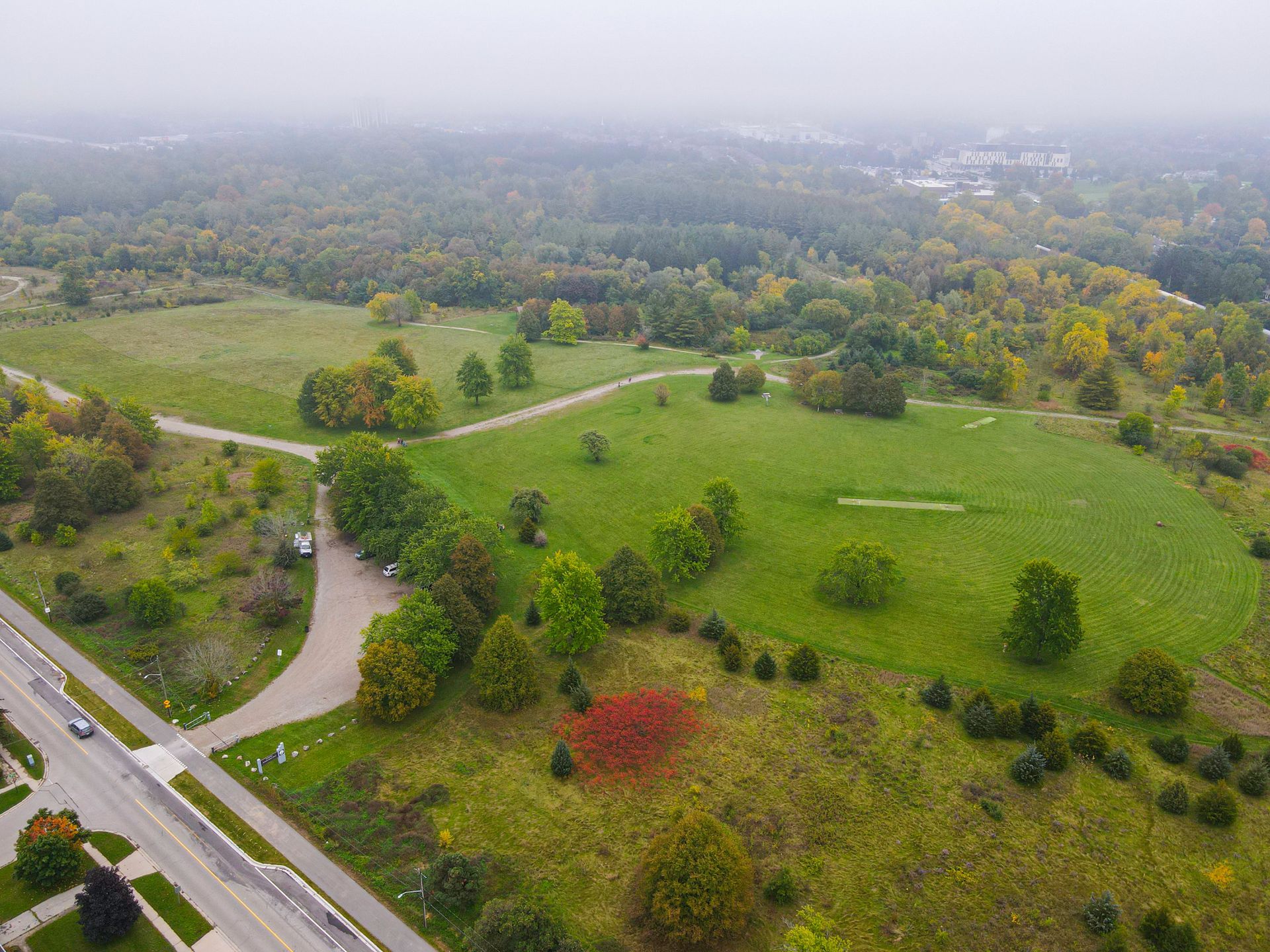 Aerial view of a green park with trees, pathways, and a road on a cloudy day.