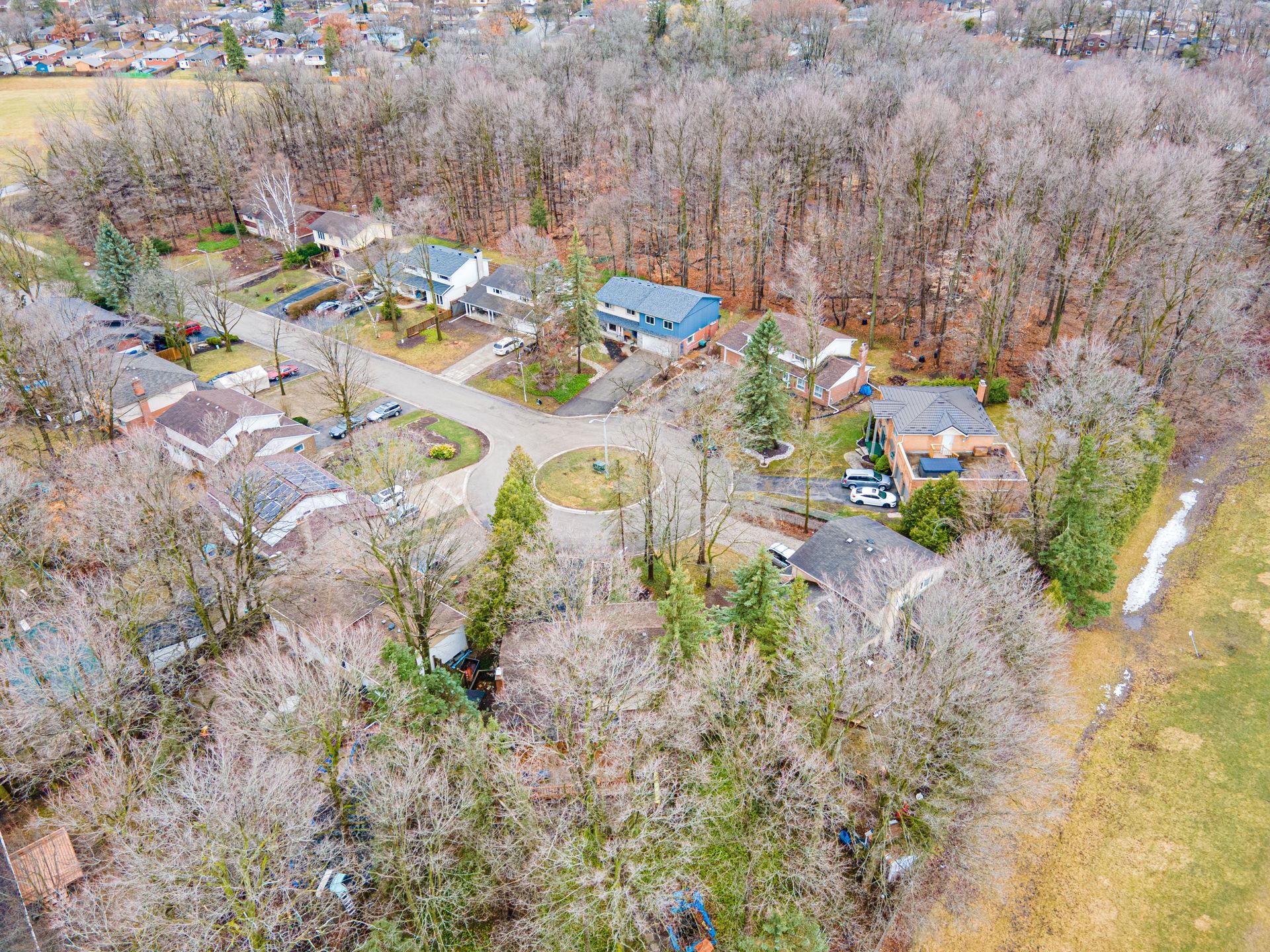 Aerial view of suburban homes nestled in a forest. Bare trees surround houses, a roundabout, and a field.