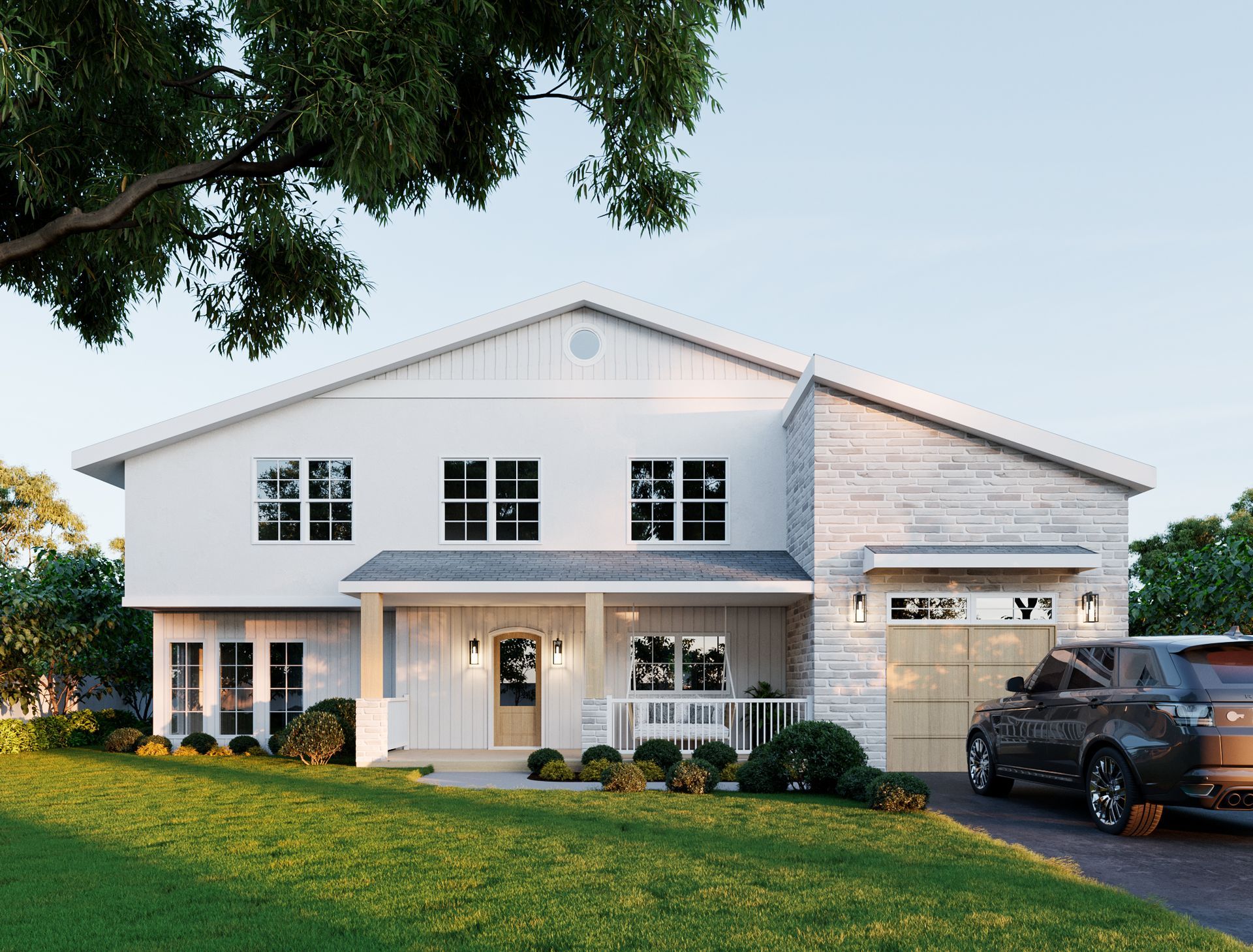 White two-story house with gray accents, front porch, attached garage, and a car in the driveway on a sunny day.