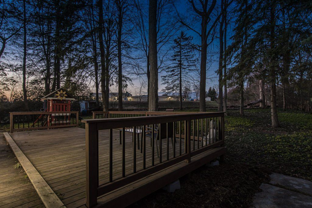 Wooden deck at dusk with trees in the background.