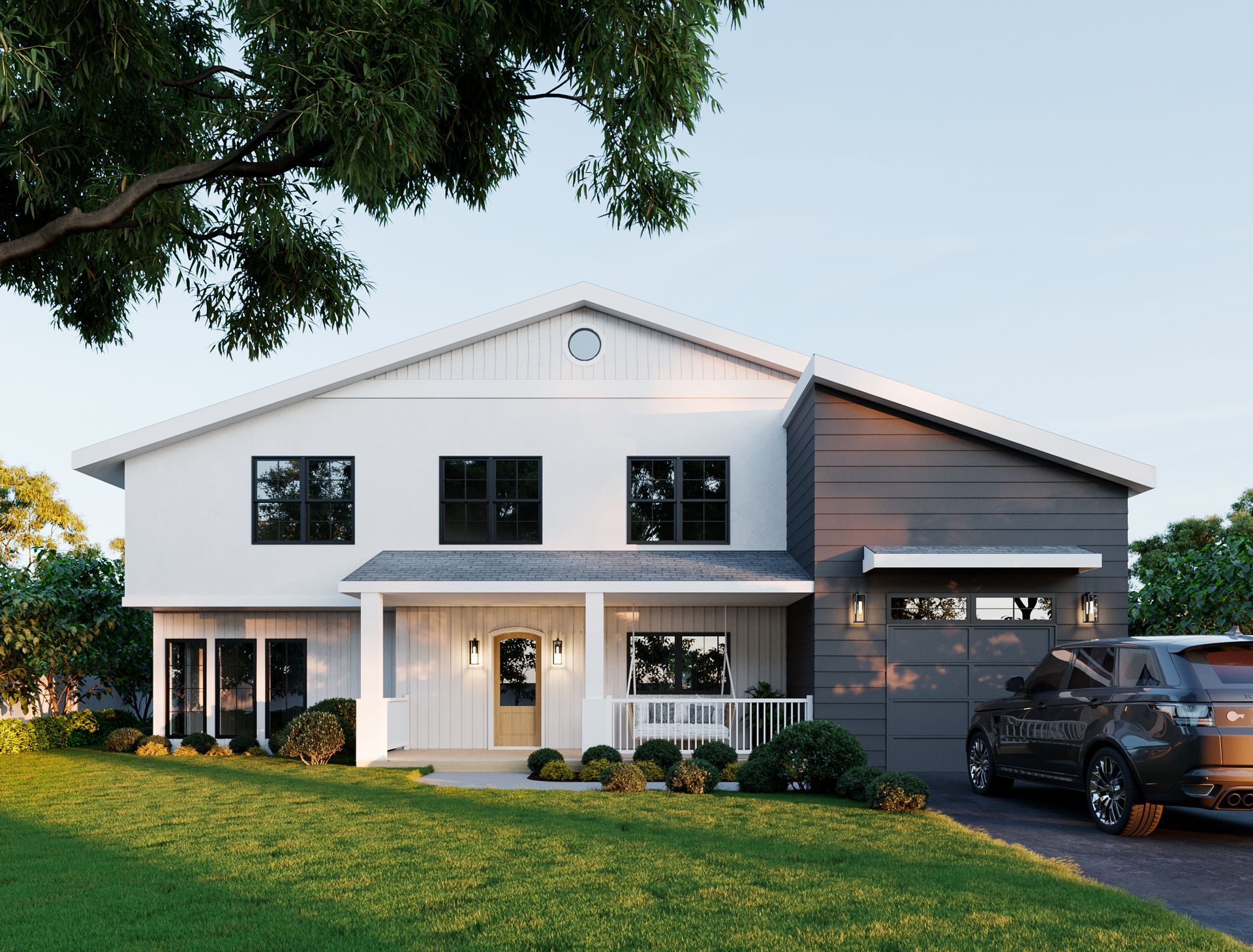 Modern two-story house with white siding, dark trim, and a gray garage. A car is parked in the driveway.