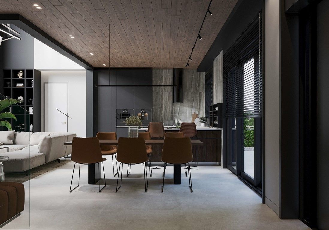 Modern dining room with table, chairs, kitchen, and open living area. Dark tones with wood and light floor.