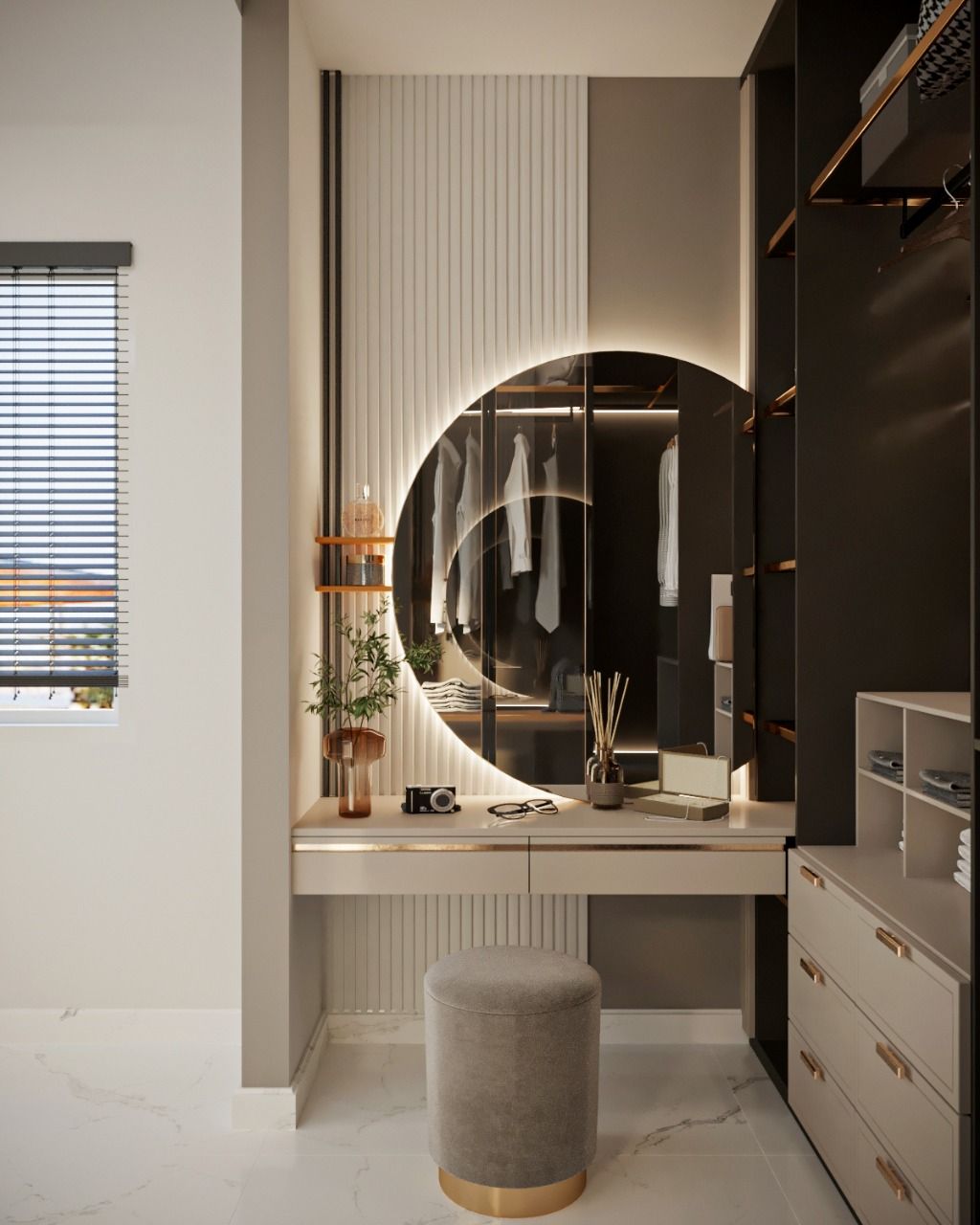 Vanity area with round mirror, gray walls, and closet.