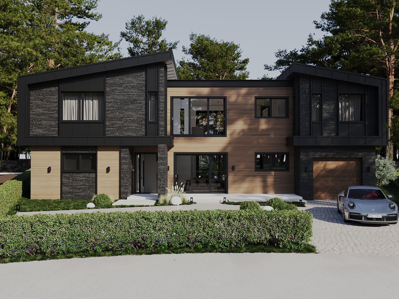 Modern house with black and wood siding, trees in background, and a car in the driveway.