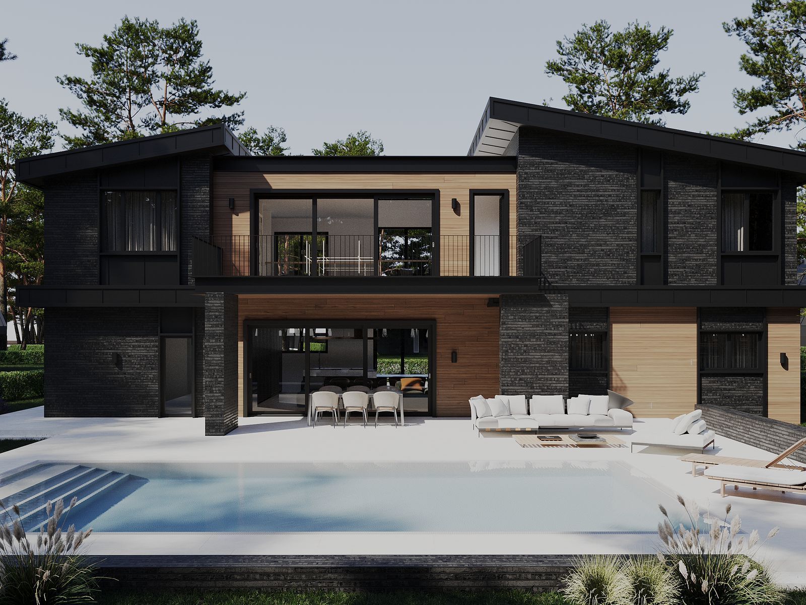 Modern house with pool, black exterior, and light wood accents.  Outdoor seating and trees in background.